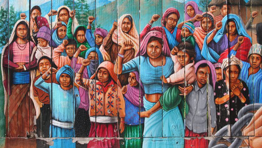 Protest in Nepal Painting by Dutch artist Martin Travers. Balmy Alley Murals, San Francisco. Frescoes of protest and revolución. Feb 201